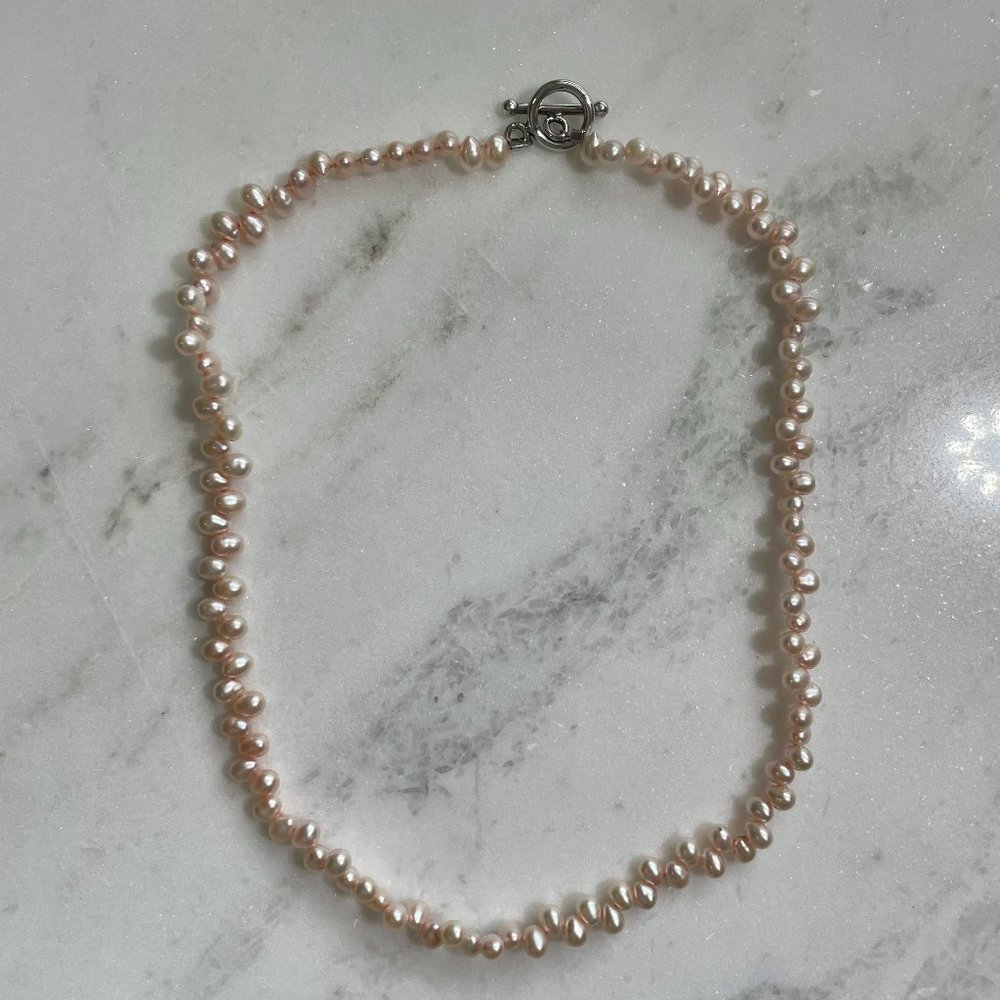 Dainty Pink Pearl Necklace with Stamped Sterling Silver Clasps